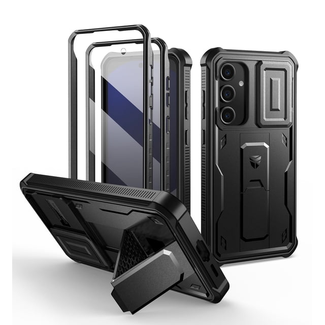 Dexnor for Samsung Galaxy S24 FE case in black, featuring a rugged full-body bumper design with built-in slide camera cover for lens protection, PET screen protector, and multi-functional kickstand for hands-free media viewing. The case offers military-grade shockproof protection, precise cutouts for ports, and compatibility with wireless charging and PowerShare. Designed for outdoor adventures, it ensures durability and portability while safeguarding the device against drops, scratches, and impacts.