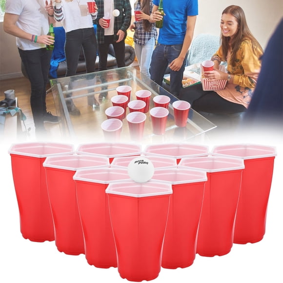 Red Hexcup Beer Pong Game Set - 22 Cups & 4 Pingpong Balls for Party Fun, PS Plastic, Durable & Safe, 450ml