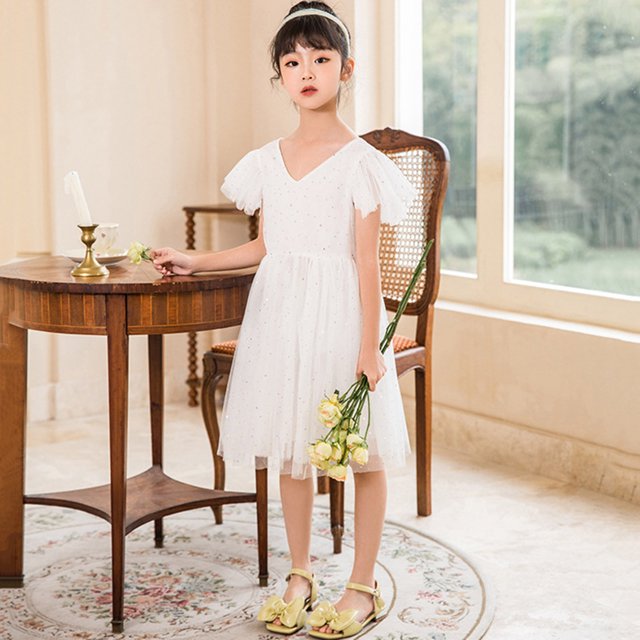 LEEy-world Filles Robes Filles Puff Manches Courtes Cou Carré Cravate avant Évasé une Robe de Ligne, Blanc