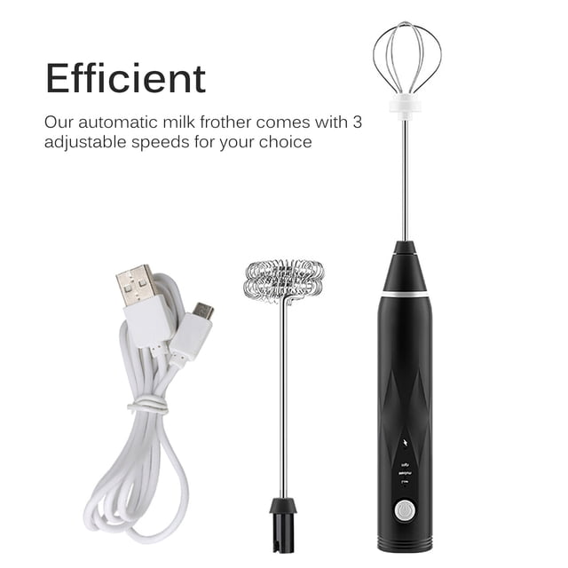 Langgg Mousseur à Lait Automatique avec 3 Vitesses Réglables, Doté d'Un design Noir à Main, de Deux Accessoires Fouet en Acier Inoxydable (Formes de Ballon et de Spirale), et d'Un Câble de Chargement USB. Batterie Intégrée de 1200 mAh pour un Fonctionnement Sans Fil, Convient pour Faire Mousser le Lait, Remuer le Café et Fouetter la Crème. Comprend un design sur Pied pour Plus de Commodité.