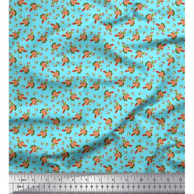 Soimoi Polyester Crepe Fabric Leaves, & Rose Floral Print Sewing Fabric Yard 42 Inch Wide