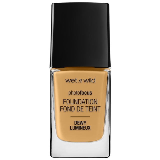 WetNWild PF Dewy Foundation Desert Beige in a rectangular glass bottle with black cap, labeled photo focus foundation with dewy finish, a liquid foundation makeup product for face beauty supplies.