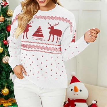 TIMIFIS Women Ugly Christmas Holiday Knit Sweater Pullover Cute Crewneck Reindeer Snowflake Long Sleeve Pullover Jumper Tops Winter Fall Oversized Ribbed Knit Top Outerwear Knitwear Sweater