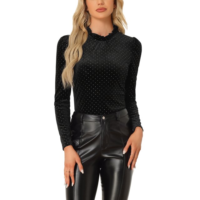 INSPIRE CHIC Women's Ruffle Neck Blouse Puff Long Sleeve Metallic Dots Velvet Top S Black