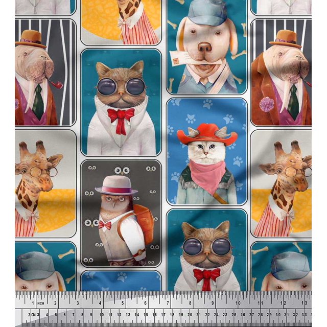 Soimoi Satin Silk Fabric Paw,Hat & Animals Patchwork Print Sewing Fabric Yard 42 Inch Wide