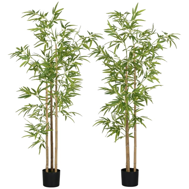 HOMCOM 2 Piece 6ft Artificial Tree Bamboo for Indoor Home Decor. This set includes two artificial bamboo trees with realistic green leaves and three natural-looking trunks. Each tree is pre-potted in a black nursery pot with PE moss and cement soil for stability. Made from PEVA, PP, metal, and cement, these low-maintenance artificial plants are ideal for home or office decor, adding a natural accent to any space. Each tree stands 72 inches tall, with a pot diameter of 5.9 inches and a height of 5.5 inches.