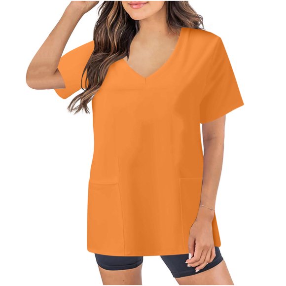 TIMIFIS Orange Work Scrub Shirts for Women Regular Nursing Uniform Tops Summer Short Sleeve V Neck Solid Tops Medicals Scrub Stretch Work Tops with Pockets - Spring/Summer