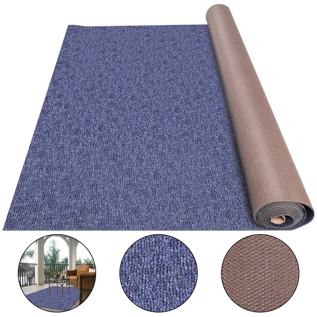 VEVOR Deep Blue Marine Carpet measuring 6 ft x 39.3 ft, shown partially unrolled with a textured ribbed surface and a non-slide TPR waterproof backing. The deep blue polyester fiber material is UV-resistant, mold-proof, and suitable for indoor and outdoor use, including patios, decks, and boats. Close-up insets highlight the ribbed texture and backing details.