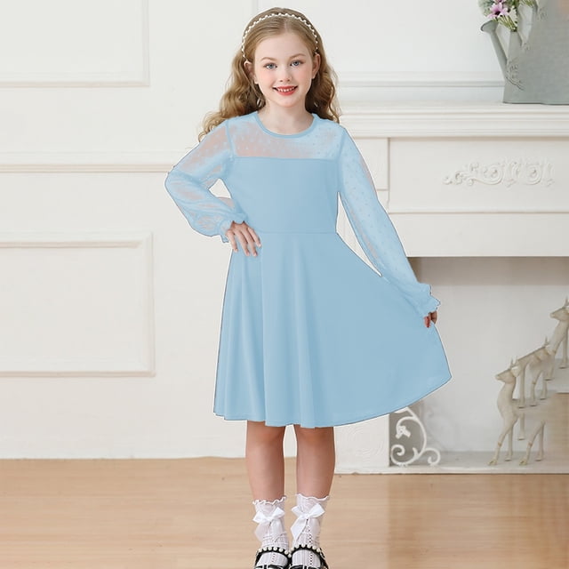 Robes pour Préadolescentes à Manches Longues, Ligne A, à Étages, Évasées, Robe d'Été pour Filles, Robe Bleu Pâle pour Filles, Robe Chic pour Filles