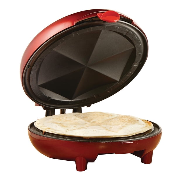 Red Brentwood 8-inch quesadilla maker open to show non-stick cooking plates and a partially cooked tortilla inside.