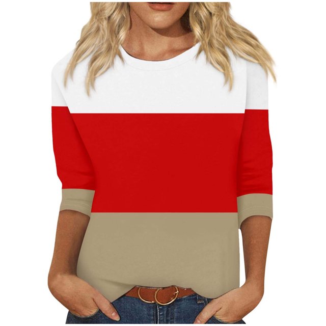 Birdeem Blouse pour Femmes Mode Blouses Amples à Blocs de Couleur Imprimé T-Shirt à Manches 3/4 Col Rond