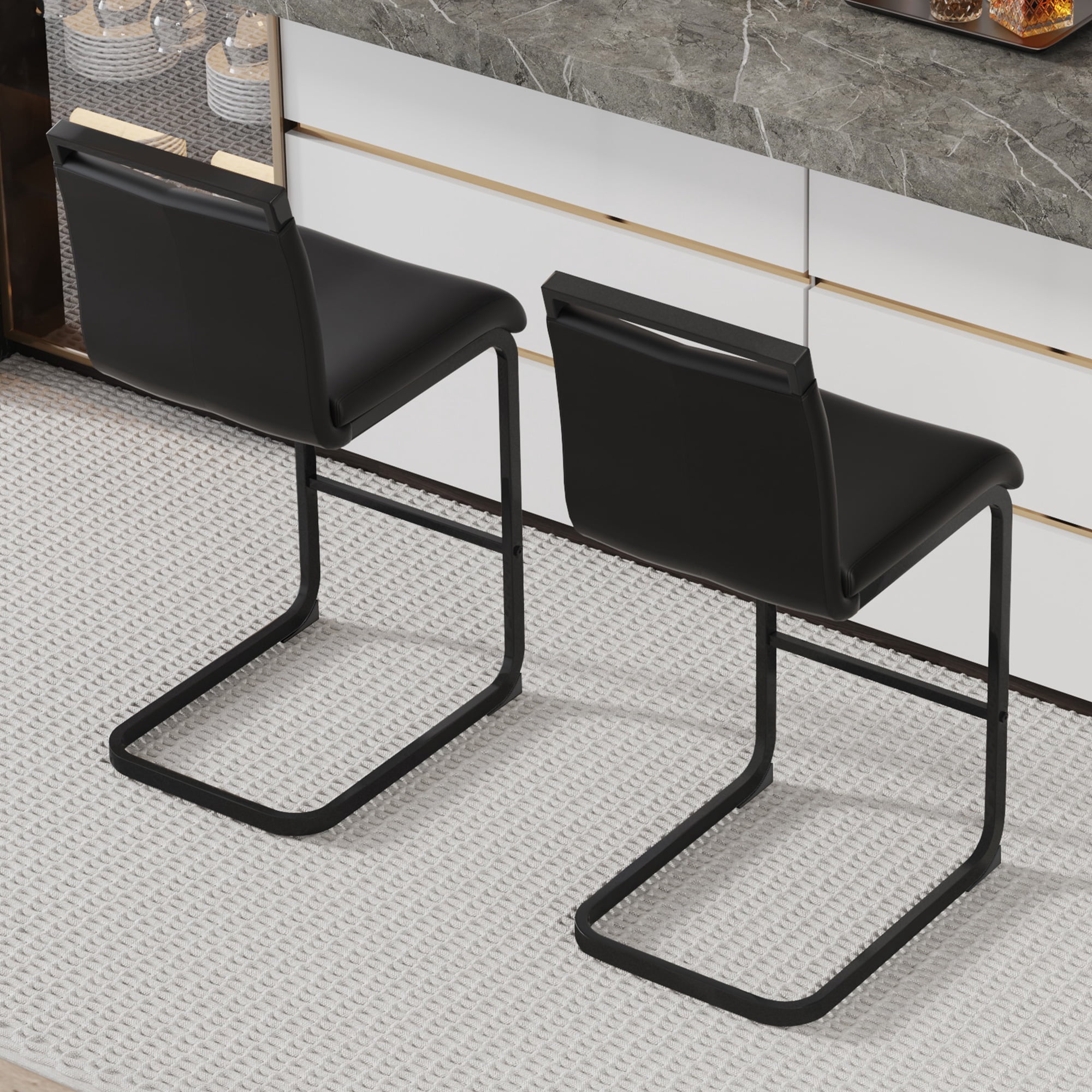 Noble House Ensemble de 2 tabourets de bar moderne, cuir PU noir avec cadre métallique, dossier ergonomique de 38" et pieds antidérapants, noir