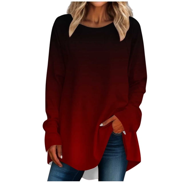 FAIWAD Women's Long Sleeve Tunic Tops Gradient Round Neck Trendy Spring Casual Pullover Tops