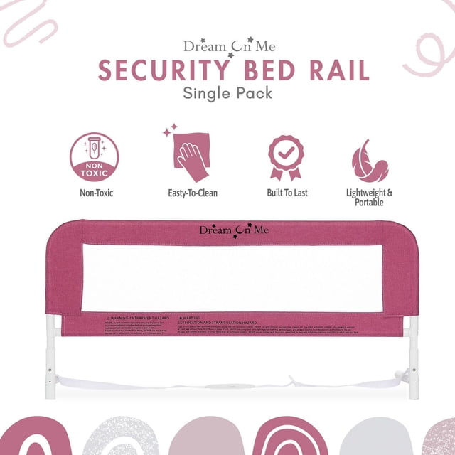 Dream On Me Mesh Security Bed Rail in pink with breathable mesh center and reinforced fabric border, designed for toddler beds, featuring a lightweight white metal frame and adjustable safety strap, shown on a white background with icons for non-toxic, easy-to-clean, durable, and portable features.