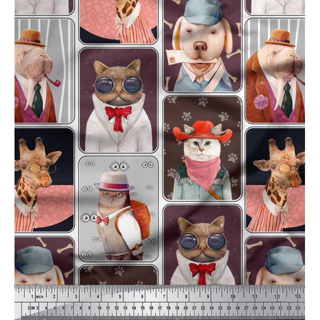 Soimoi Velvet Fabric Paw,Hat & Animals Patchwork Print Sewing Fabric Yard 58 Inch Wide