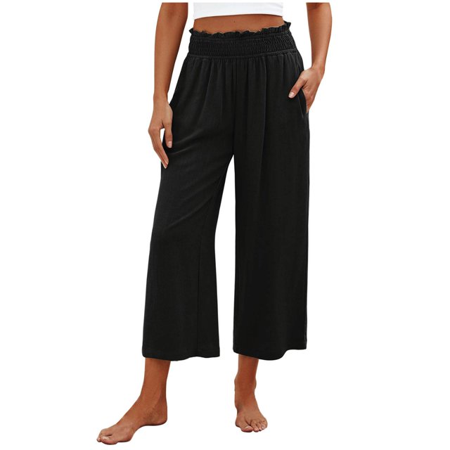 VEKDONE Womens Cotton Linen Capris Pants Black L