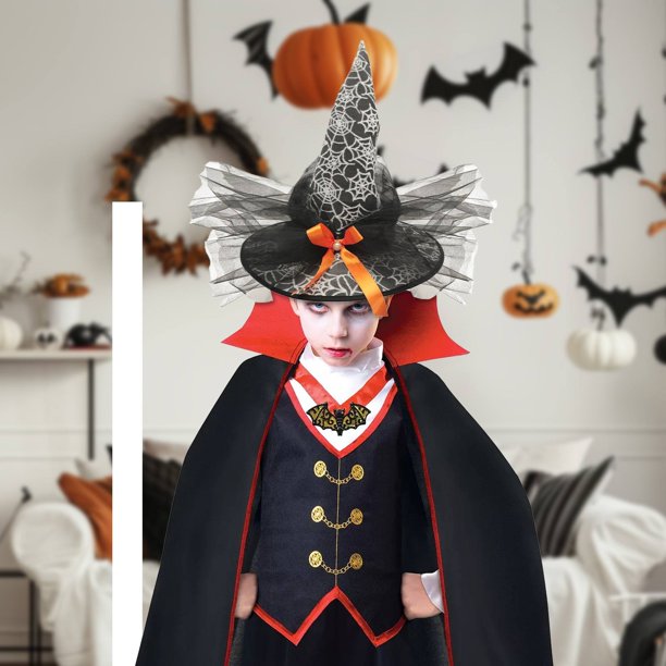 Drppepioner Chapeaux de Sorcière d'Halloween pour Femmes 4 Styles Chapeau de Sorcier en Dentelle Noire avec Squelette de Citrouille Accessoire d'Halloween pour Décorations de Fête