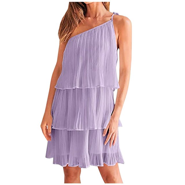 Femmes Été une Épaule en Mousseline de Soie Mini Robe Casual Volant Plissé Étagé Flowy Robes Courtes