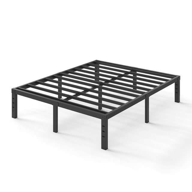 ULIESC 14" Heavy Duty Metal Platform Bed Frame in queen size, featuring a sturdy black steel construction with a slatted design. The frame offers 14 inches of under-bed storage space and supports up to 1,600 pounds. Each leg is equipped with anti-scratch rubber pads for noise reduction and floor protection. The bed frame does not require a box spring and promotes mattress breathability. Shown in a front-facing view on a white background.