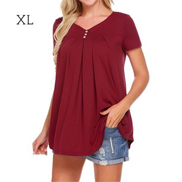 Women T-Shirt Short Sleeve V Neck Sleeve T Shirt Top Pleated Loose Blouse Shirt, Wine Red, XL