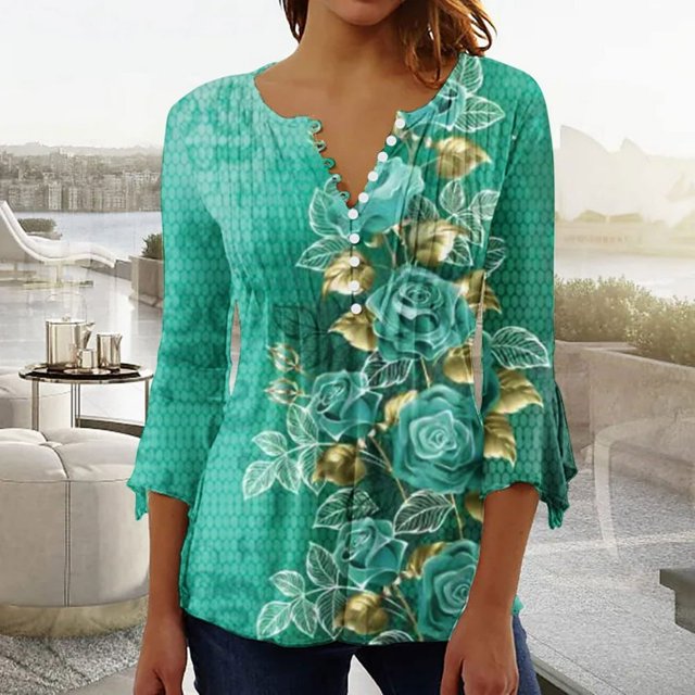T-Shirt à Manches Courtes Imprimé Floral Top Dames Bleu L