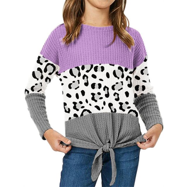 Girls Long Sleeve Leopard Print Colorblock Patchwork Kids Waffle Shirt Autumn Winter Children Knit Tunic Tops