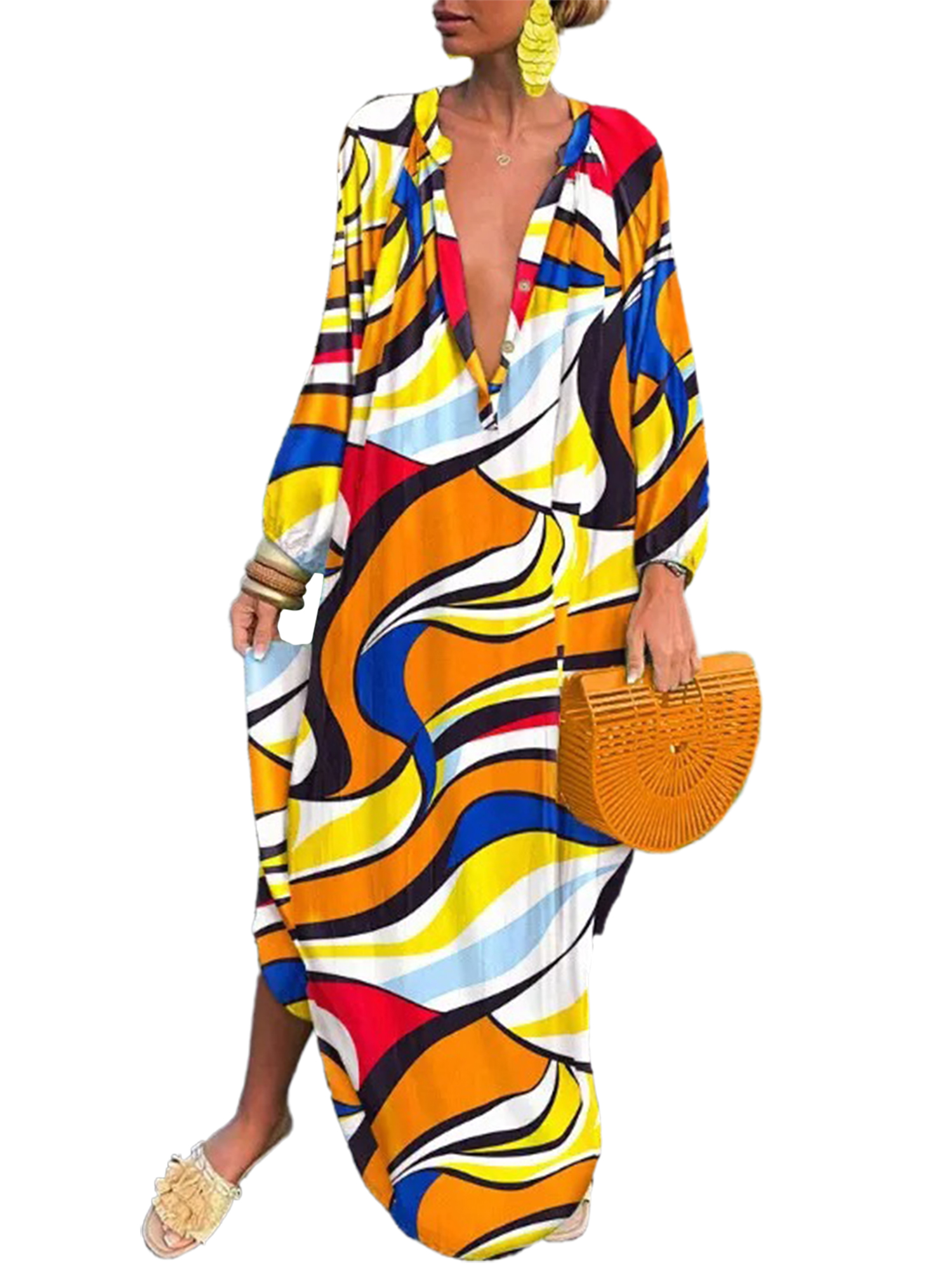 Innerwin Dress Button Down Women Maxi Dresses Autumn Long Sleeve Loose Yellow XL