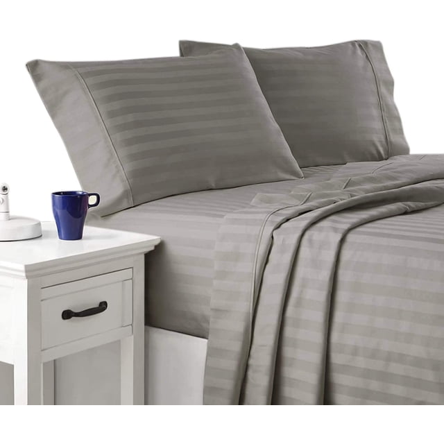 900 Thread Count 100% Egyptian Cotton 4-Piece Bed Sheet Set (1 Flat, 1 Fitted Sheet, 2 Pillow Covers) 27 Inches Deep Pocket Size Stripe Pattern