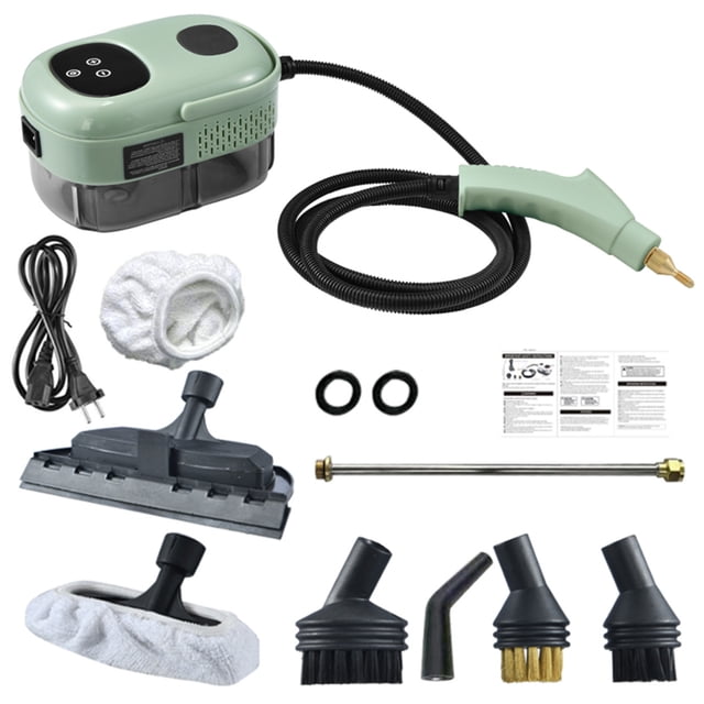 2500W High Pressure Steam Cleaner with 1.1L tank, green color, featuring ergonomic handheld spray gun, 2m corrugated hose, multiple brush heads, scraping head, cotton cloth head, replacement cloth, and instruction manual. Ideal for cleaning household appliances, kitchen walls, stoves, carpets, and floors using 3BAR high-pressure steam and six adjustable temperature settings.