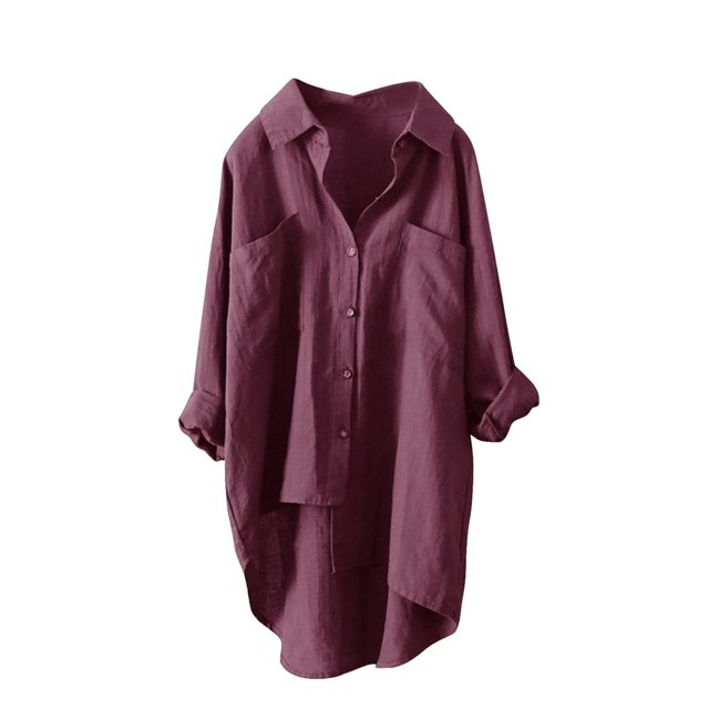 Chemises Boutonnées pour Femmes Manches Longues Retroussées Ourlet Haut-Bas Blouse Longue Décontractée Hauts