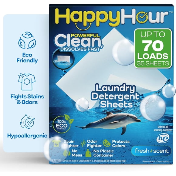 HAPPY HOUR Laundry Detergent Sheets Value Pack with up to 70 Loads, Non Toxic Laundry Sheets Detergent Soap for Sensitive Skin, Recyclable Eco Friendly, Perfect for Travel - Fresh Scent