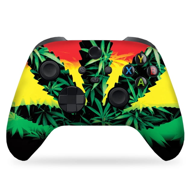 DreamController Original Custom Design Controller compatible with Xbox One, Series S, and Series X. Wireless Xbox controller with a bold design featuring red, yellow, and green tones and leaf motifs. Ideal for Xbox Series X accessories, offering ergonomic button layout and smooth joystick control.