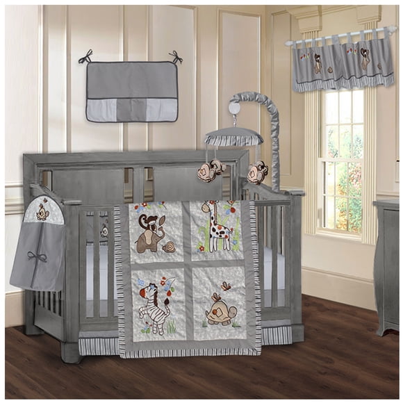 BabyFad Jungle Safari 9 Piece Baby Crib Bedding Set with Musical Mobile – Gender Neutral, Grey & White, 100% Cotton – Boys or Girls