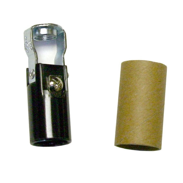 Atron Electro Industries Candelabra Socket 2 3/16 Inch featuring a black keyless socket with metal threaded top and a separate brown paper insulation sleeve, ideal for repairing chandeliers, sconces, and small lamps in electrical accessories.