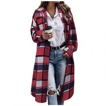 HAiming Womens Plaid Long Shirt Jacket Fleece Casual Lapel Collar Button down Coats Fall Winter Fashion Outerwear