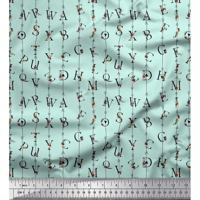 Soimoi Green polyester Crepe Fabric Floral Alphabet Text Print Fabric by the Yard 52 Inch Wide