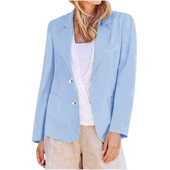 aohooy Linen Blazer Women Summer Lightweight Button Long Sleeve Blazers for Women Business Casual Suit Jacket with Pockets Light Blue,M