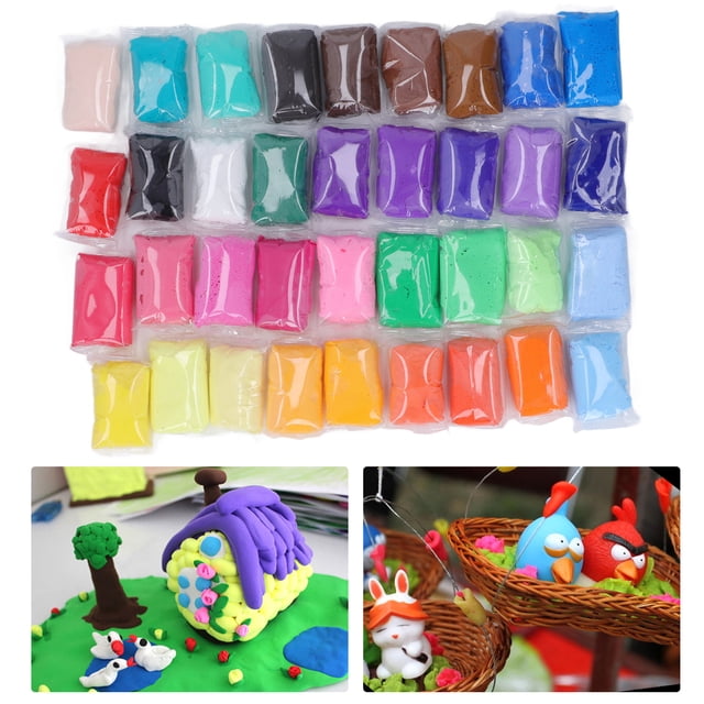 Pâte Autodurcissante, Pâte à Modeler Autodurcissante Pâte Spatiale Faite à la Main Bricolage 36 Couleurs pour Enfants. l'Ensemble Comprend 36 Couleurs Vibrantes d'Argile Ultra Légère Autodurcissante, Chaque Emballage Individuel dans des Sacs en Plastique. Il Est Livré avec Trois Couteaux Utilitaires et Dix Sacs PE pour le Rangement. l'Argile Est Douce, Facile à Façonner et Sèche Naturellement, la Rendant Parfaite pour les Projets Créatifs. l'Image Montre Aussi des Exemples d'Artisanat Achevés, Incluant une Maison en Argile Colorée et un Panier d'Animaux en