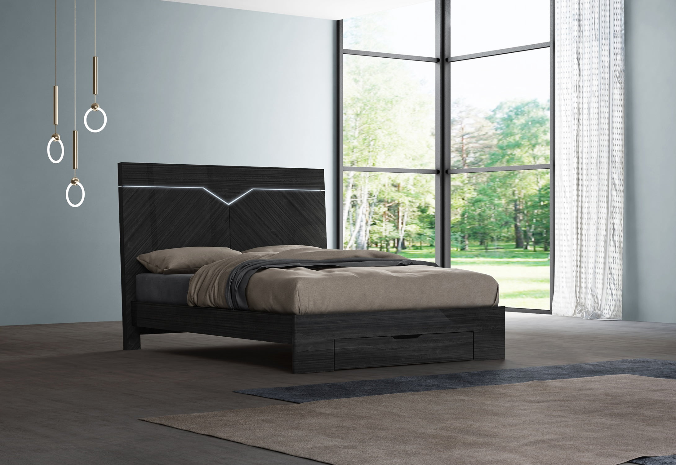 K-Living Stark King Size Bed for Adults, Angley Grey Lacquer Finish with Accent LED Lights