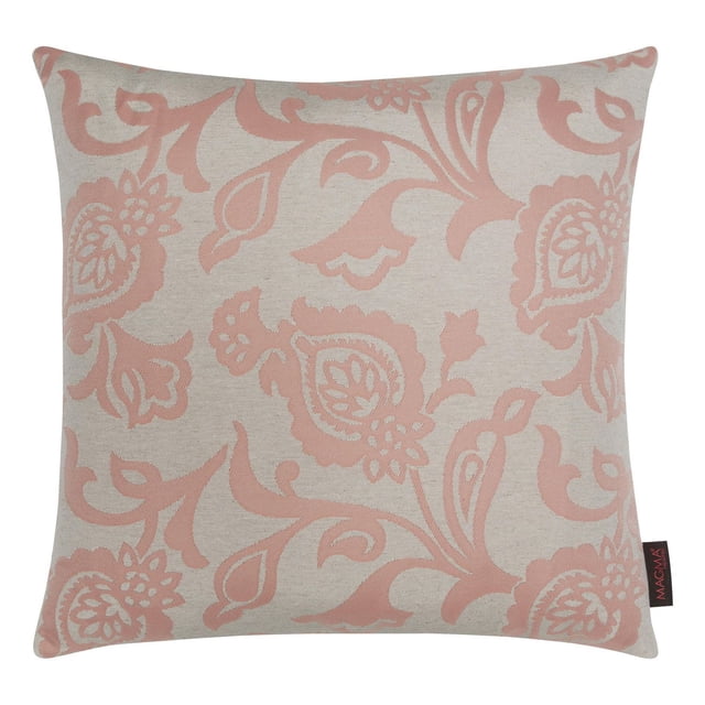 Gouchee Home VIOLETTA Cushion is a square throw pillow with a jacquard fabric shell in beige and pink floral paisley pattern, made from 50% polyester, 30% cotton, and 20% linen. It features a zipper closure and polyester fill, ideal for decorative use in living rooms or bedrooms and often used to refresh seating areas.