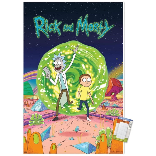 Rick And Morty - Affiche Murale de Couverture, 22,375 Pouces x 34 Pouces Représentant des Personnages Animés Rick And Morty Marchant à Travers un Portail Vert Lumineux vers un Paysage Extraterrestre Coloré avec des Plantes orange et Vertes, des Cristaux Bleus et un Ciel Nocturne Étoilé, Imprimée sur Papier d'Affiche Lustré Certifié FSC, Idéale pour Décorer des Chambres, des Bureaux Ou des Dortoirs.