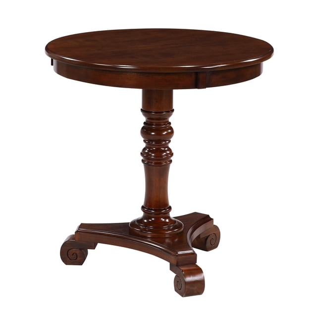 Convenience Concepts End Table Coffee Accent Table Round in Wood - Espresso. This round end table features a traditional design with an espresso wood finish, a turned pedestal base, and scrolled feet. Measuring 25.5 inches in height, width, and depth, it offers a compact yet stylish solution for living room decor. Easy to assemble and versatile in use, it complements various interior styles.