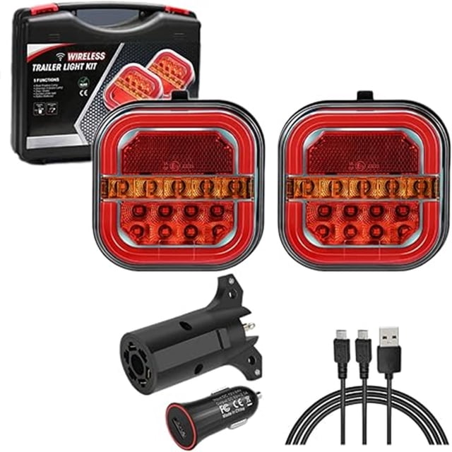 Eky Wireless Trailer Lights Magnetic Towing, a rechargeable LED tail light kit featuring two square multicolour LED lights with a magnetic base for secure attachment. Includes a USB charging cable, a 7-pin trailer adapter, and a compact carrying case. Designed for trucks, boats, RVs, and utility vehicles, these waterproof lights provide strong, uniform illumination and are easy to install without tools.