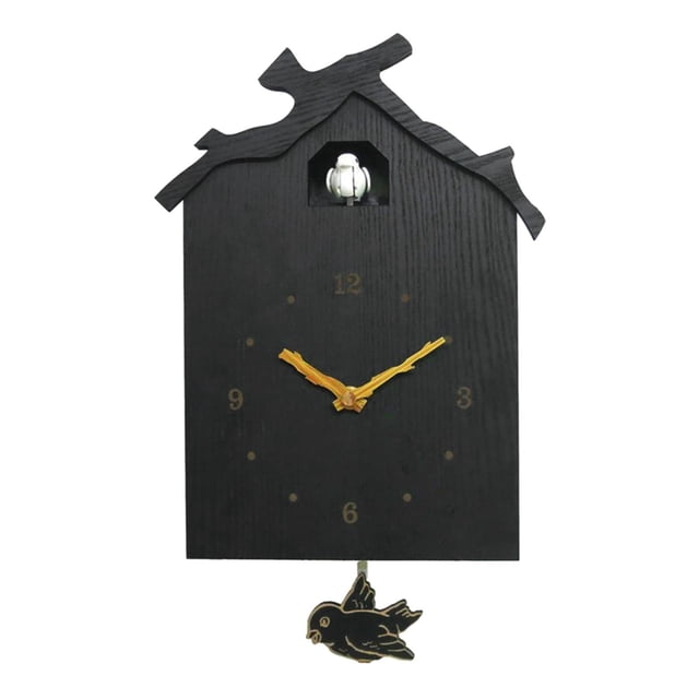 Esquirla Natural Wall Clock Wooden Bird Cuckoo House Walls Watch Decoration Decors Model Model 1. This wooden wall clock features a black cuckoo house design with a swinging bird pendulum and golden wood hands. The clock includes an automatic night shut-off sensor from 5 am to 10 pm, adjustable volume settings, and accurate ticking movement. Suitable for living rooms, bedrooms, offices, and more. Dimensions: 26.5x19.3x7 cm (10.4x7.6x2.8 inches).