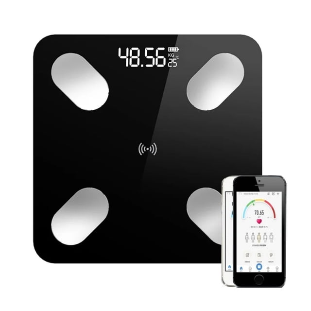 Bluetooth Home User Health Equipment, Accurate Measurement Smart Scale with Professional Weight Scale Features for Comprehensive Body Data Tracking. The scale features a black surface with a digital display showing weight in kilograms and temperature. It includes four metallic sensors for precise readings and supports Bluetooth connectivity for smartphone integration and health data tracking.