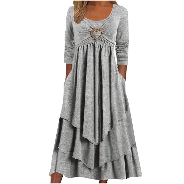 Robes Grises pour Femmes Couleur Unie à Manches Longues Robe en Dentelle Patchwork Grande Taille Col Rond Ajustée et Évasée Tendance Vacances Robe Décontractée Maxi Mode Quotidien Blouse Trapèze Dos Nu Robe Plissée,S