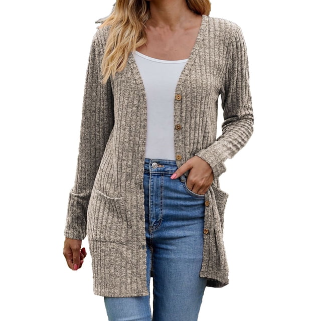 Yuyuzo Women's Cardigan 2025 Fall Casual Button down Sweaters Open Front Ribbed Knit Sweater Coat with Pockets