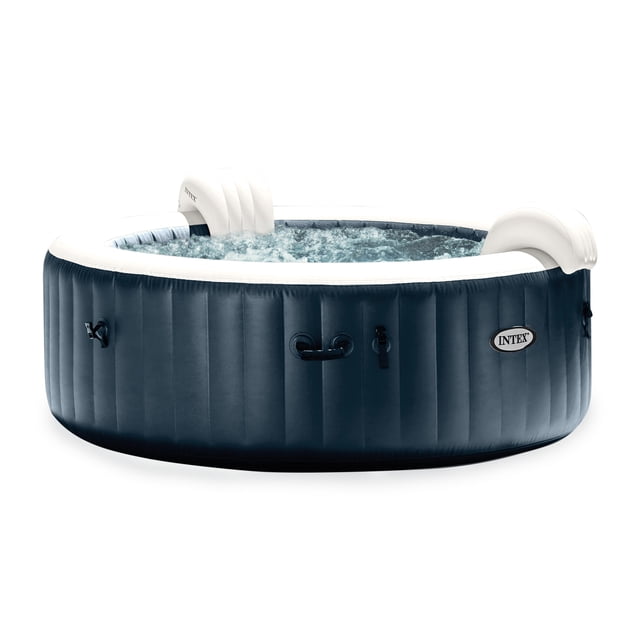 INTEX PureSpa Plus Spa Gonflable pour 6 Personnes avec Jets en Bleu cobalt, Doté d'Une construction en Fibre durable et de 170 Jets à Bulles Haute Puissance pour une Expérience de Massage Relaxante. le Spa Comprend Deux Appuie-Têtes Gonflables, une Lumière DEL à Changement de Couleur et un Système de Chauffage Réglable pour des Températures d'Eau jusqu'à 104 °F. Conçu pour jusqu'à six Personnes, Il a des dimensions Extérieures de 85 x 85 x 28 Pouces et des dimensions Intérieures de 65 x 65