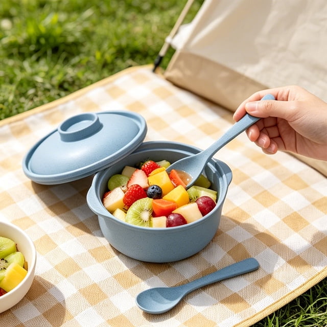 Vacemry Straw Soup Bowl With Lid And Spoon Microwave Safe, Mini Rice Bowl With Handles ForKidsKitchen Dining Home Daily Use, Durable Plastic Cute Little One Cereal Dish