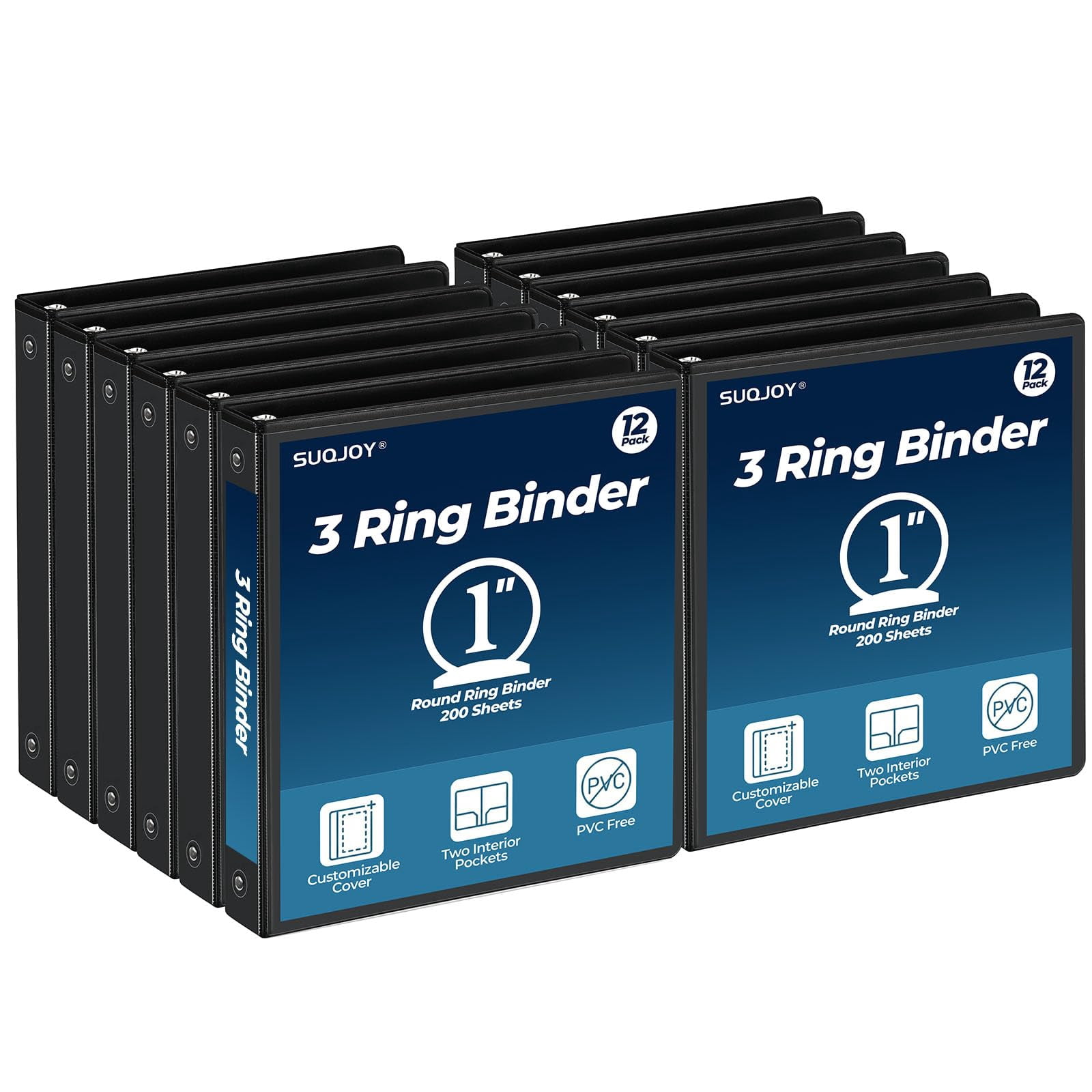 SUQJOY 1 Inch 3 Ring Binders 12 Pack, Clear View Binder Bulk, Black PVC-Free 3-Ring Binders for School, Office or Home, Fits 8.5 x 11 Inches Paper